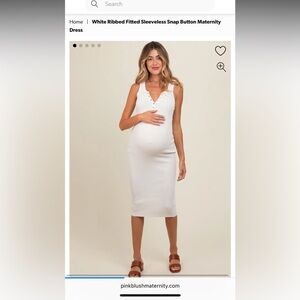 Maternity white sleeveless snap ribbed midi dress